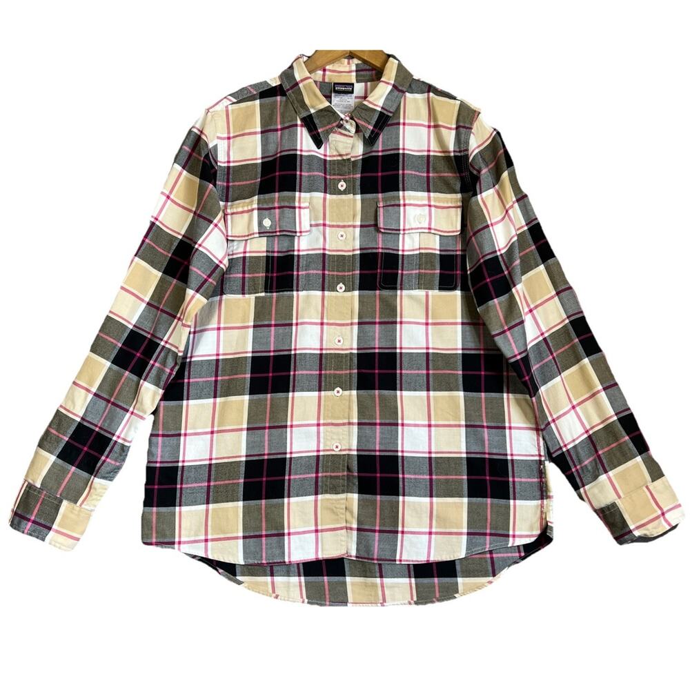 Patagonia Shirt Women’s 12 Cream Black Plaid Organic Cotton Blend Button Up Gorp